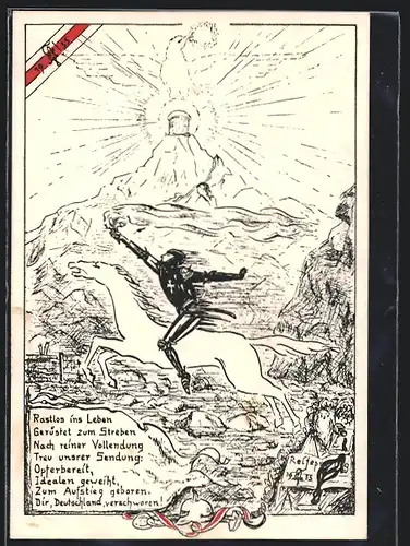 Künstler-AK Absolvia Jahrgang 1935, Krieger mit Fackel zu Pferd