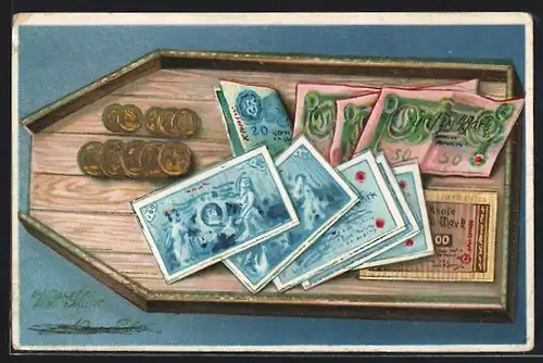 AK Geldscheine & Münzen auf einem Tablett