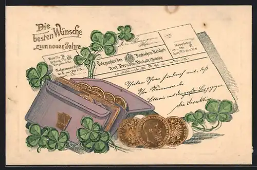 AK Portemonnaie mit Geldmünzen Deutsches Reich & Kleeblätter, Telegraphie des Deutschen Reiches Amt Dresden