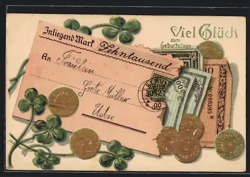 AK Geld-Münzen und Kleeblätter, Viel Glück im neuen Jahre