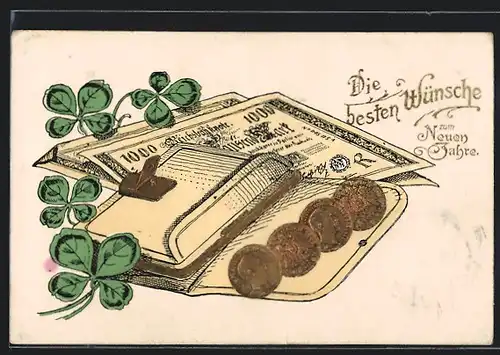 Präge-AK Portemonnaie mit Geldmünzen- und Scheinen, Kleeblätter, Neujahrsgruss