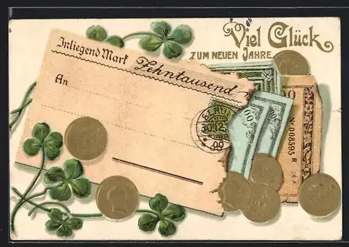 AK Geldmünzen und Scheine inmitten von Kleeblättern, Neujahrsgruss