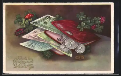 AK Portemonnaie quillt vor Geld über, Neujahrsgruss
