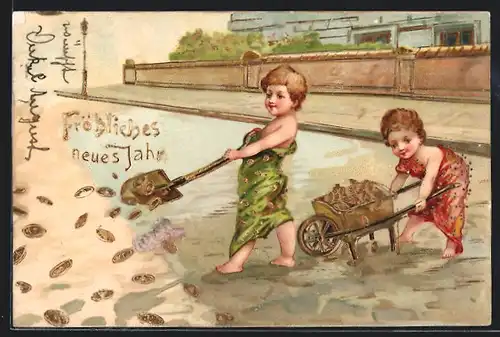 AK Kinder verteilen Geld mit der Schaufel auf der Strasse