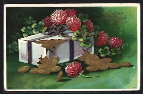 Präge-AK Paket mit Geldmünzen und Kleeblättern, Neujahrgruss