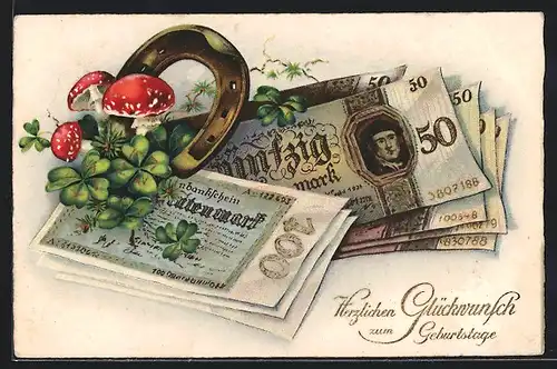 AK Geldscheine mit Glücksklee und Hufeisen, Neujahrsgruss