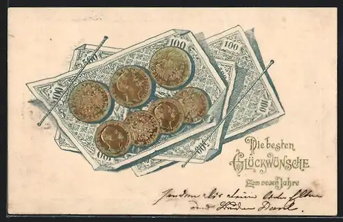 Präge-AK Geldscheine- und Münzen, Neujahrsgruss