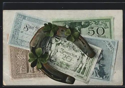 AK Geldscheine, Hufeisen und Kleeblätter