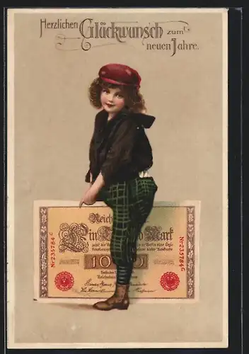 AK Mädchen mit Ein-Tausend-Mark Banknote