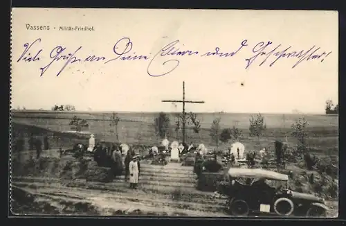 AK Vassens, Militär-Friedhof aus der Vogelschau