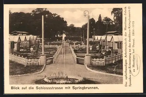 AK Montigny, Kriegslazarett, Schlossstrasse mit Baracken, Dankkarte an Arbeiter der Munitionsfabrik Spandau