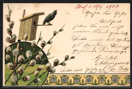 Künstler-AK Alfred Mailick: Vogel singt am Vogelhaus