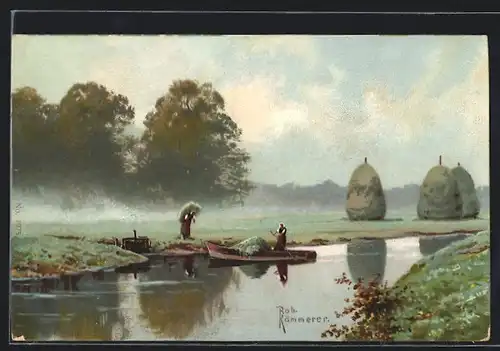 Künstler-Lithographie Robert Kämmerer: Idyll mit Kahn auf Kanal