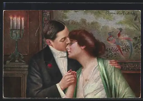 Künstler-AK Arno von Riesen: Ballgeflüster, Herr gibt Dame einen Kuss