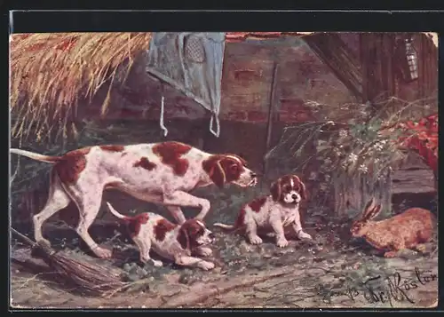 Künstler-AK Fr. Rösler: Hundedame mit Welpen und Hasen