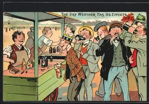 Künstler-AK The dry weather has its effects, Männer trinken am Strand