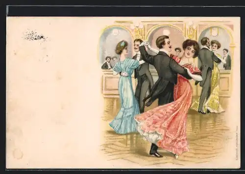 Lithographie Paare tanzen Walzer