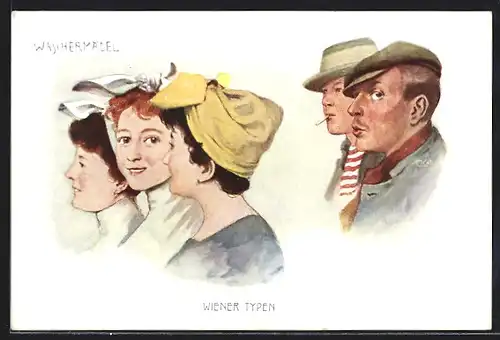 AK Wiener Typen, Waschermädel, Frauen mit Kopftüchern