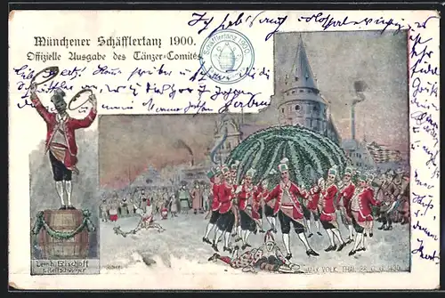 Lithographie München, Schäfflertanz 1900, Bürger beim Volkstanz