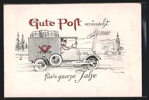Künstler-AK Postwagen auf dem Weg ins neue Jahr