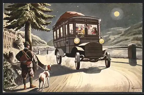 Künstler-AK Autobus voller Reisender, Jäger mit Hund am Wegesrand, K. K Automobilpost, Weihnachtsgrüsse