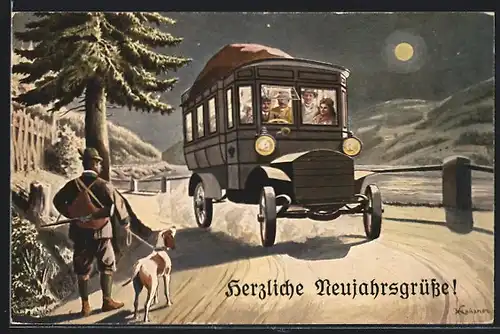 Künstler-AK Autobus voller Reisender, Jäger mit Hund am Wegesrand, K. K Automobilpost, Weihnachtsgrüsse