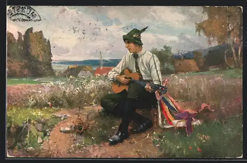 Künstler-AK Wandervogel, Wanderer mit Gitarre auf der Wiese
