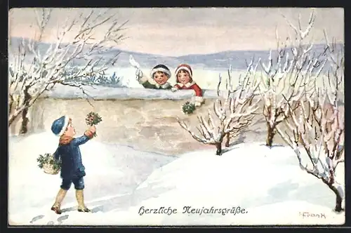 Künstler-AK Elly Frank: Kinder schauen im Schnee über die Mauer
