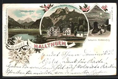 Lithographie Bischofswiesen, 3 Teilansichten mit Hotel Hallthurm