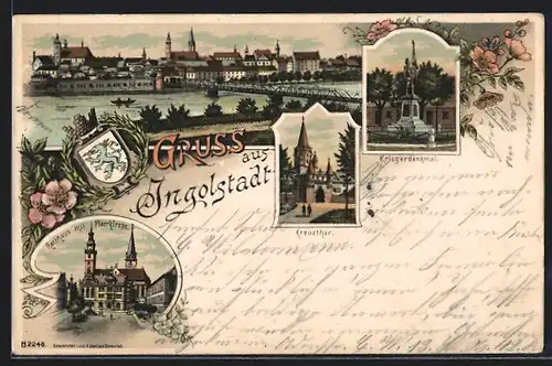 Lithographie Ingolstadt, Teilansicht mit Brücke, Kreuzthor, Wappen