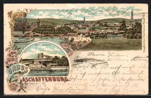 Lithographie Aschaffenburg, Ortsansicht, Pompejanum