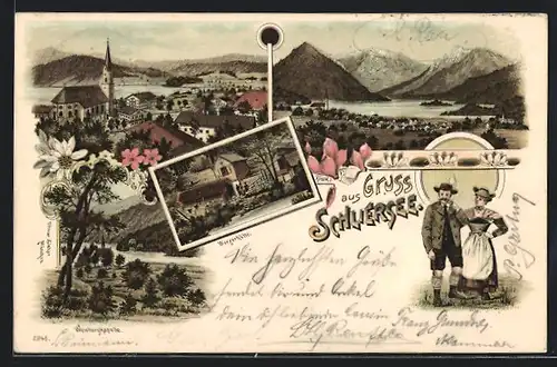 Lithographie Schliersee, Gesamtansicht, Wurzerhütte, Trachtenpaar