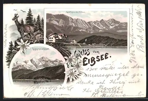 Lithographie Eibsee, Gasthaus, Zugspitze