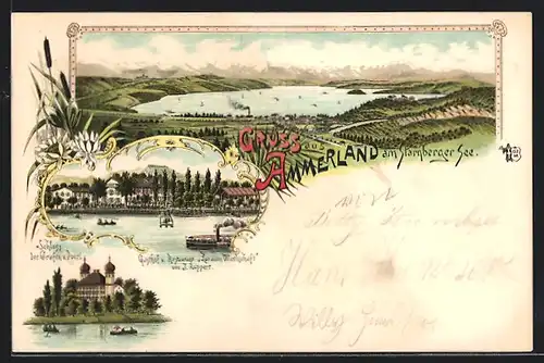 Lithographie Ammerland a. Starnberger See, Gasthof u. Restaurant Zur alten Wirtschaft, Schloss der Grafen v. Pocei