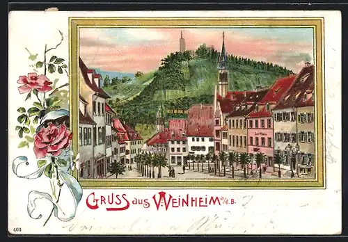 Lithographie Weinheim a. d. B., Ortsansicht bei Tag