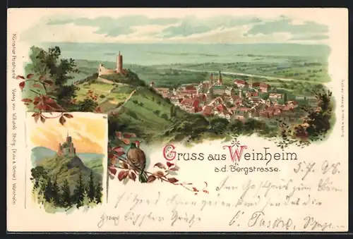 Lithographie Weinheim a. d. Bergstrasse, Ortsansicht mit Burgruine