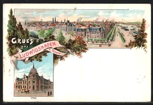 Lithographie Ludwigshafen a. Rhein, Ortsansicht, Blick zur Post