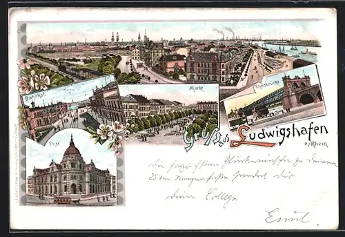 Lithographie Ludwigshafen a. Rh., Bahnhof, Markt, Post und Rheinbrücke, Ortsansicht aus der Vogelschau