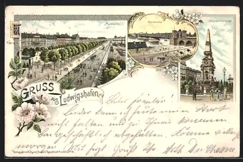 Lithographie Ludwigshafen, Marktplatz, Rheinbrücke, Monumentalbrunnen