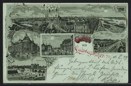 Mondschein-Lithographie Ludwigshafen, Bahnhof, Post, Rheinbrücke