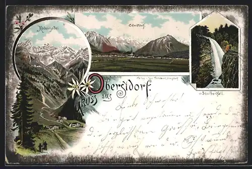 Lithographie Oberstdorf, Ortsansicht, Stuibenfall, Mädelegabel