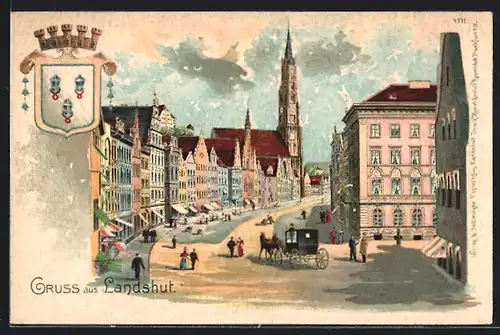 Lithographie Landshut, Ortspartie mit Kutsche und Passanten