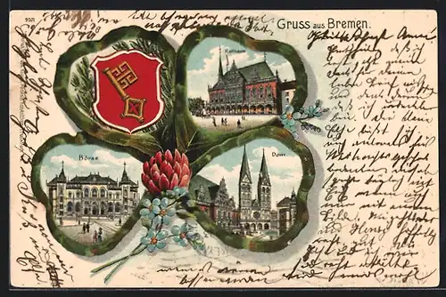 Passepartout-Lithographie Bremen, Börse, Rathaus und Dom im Kleeblatt