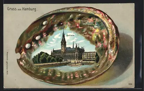 Passepartout-Lithographie Hamburg, Rathaus auf Muschel