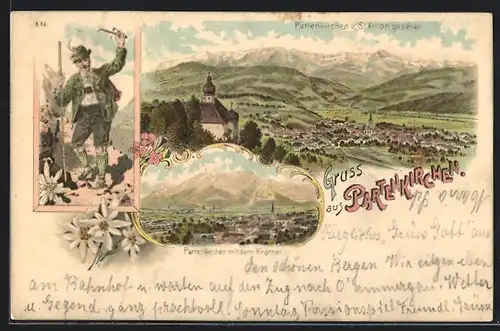 Lithographie Partenkirchen, Blick v. St. Anton auf den Ort, Ortsansicht mit dem Kramer, Wanderer