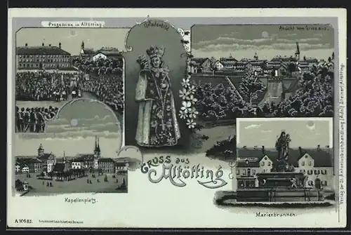 Lithographie Altötting, Ortsansicht mit Kapellenplatz, Marienbrunnen und Gnadenbild