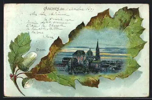 Passepartout-Lithographie Aachen, Eichenblatt mit Blick auf den abendlichen Dom