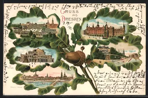 Passepartout-Lithographie Dresden, Zwinger, Belvedere, Altstadt