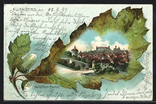 Passepartout-Lithographie Nürnberg, Partie am Hallertor, Eichenblatt
