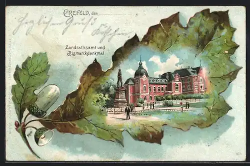 Passepartout-Lithographie Krefeld, Landratsamt & Bismarckdenkmal